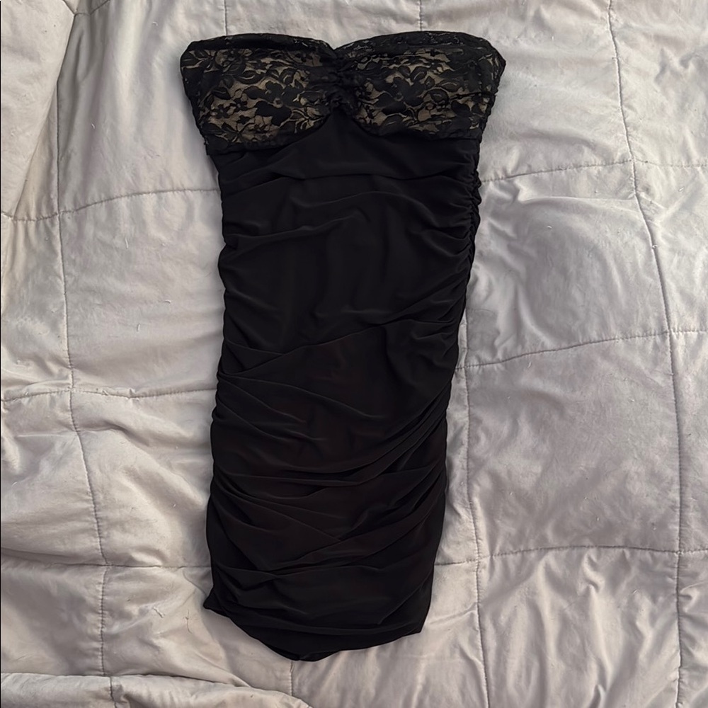 Black Ruched Strapless Dress with Lace Detail